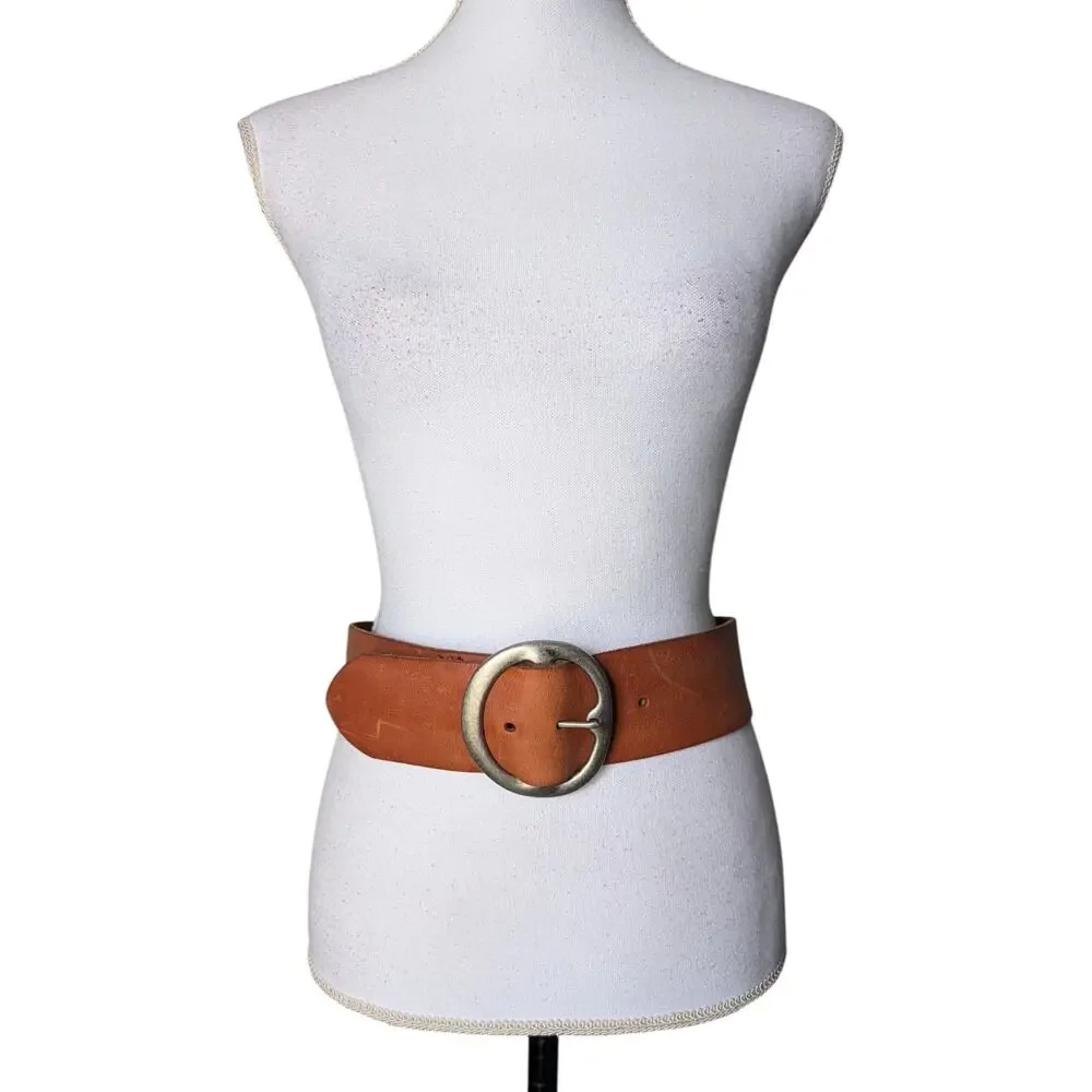 Fossil Tan Brown Leather Wide Waist Belt Size Small Modern Centerbar Whimsigoth
